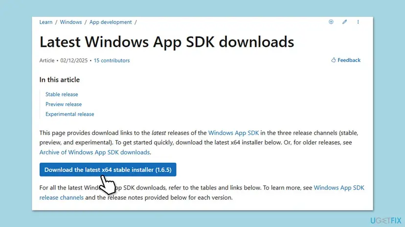 Microsoft Learn page Latest Windows App SDK downloads with the blue button Download the latest x64 stable installer