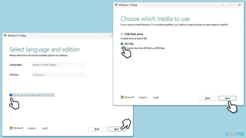 Windows 11 Setup media creation tool with the Select language and edition page and the Choose which media to use page with ISO file selected
