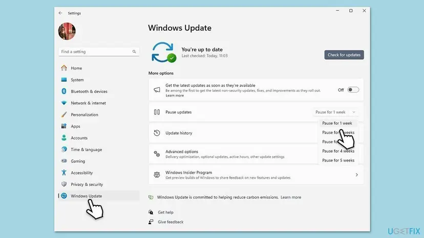 Windows 11 Settings on the Windows Update page with the Pause updates menu open and the options Pause for 1 week to Pause for 5 weeks