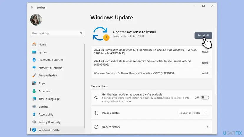 Windows 11 Settings on the Windows Update page with updates listed and the button to download and install them