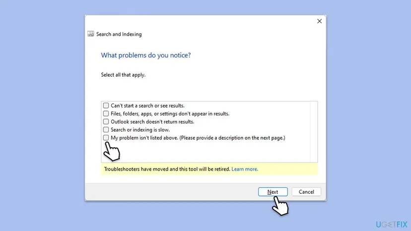 Search and Indexing troubleshooter window asking What problems do you notice, with Search or indexing is slow among the options and a note that troubleshooters have moved