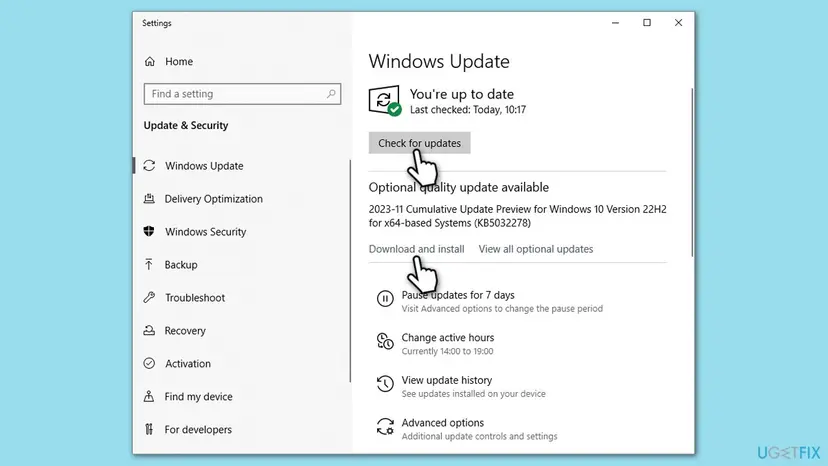Windows Update page in Settings on Windows 10 with Check for updates and the Download and install link of an optional update highlighted