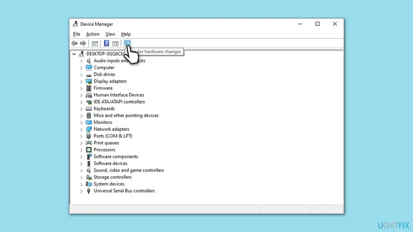 Device Manager window with the pointer on the Scan for hardware changes button in the toolbar and all device categories listed