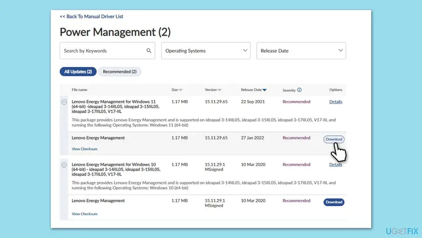 Lenovo support page listing Power Management downloads, with the Download button of the Lenovo Energy Management package highlighted