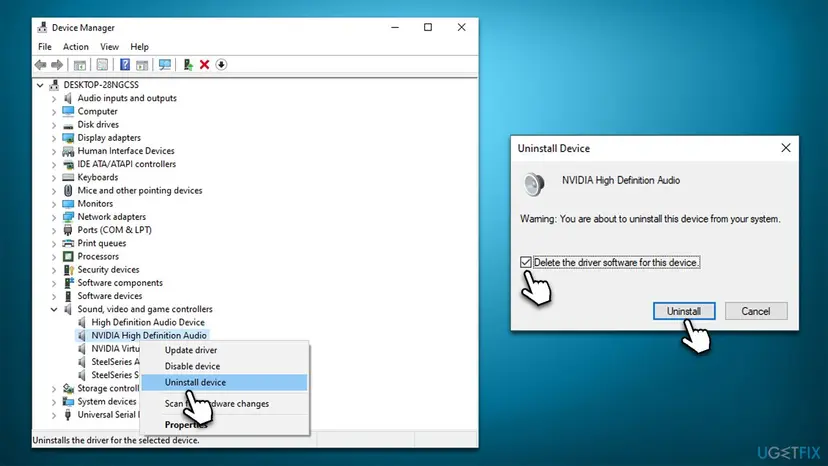 Device Manager with Sound, video and game controllers expanded, an audio device right-clicked with Uninstall device chosen, and the Uninstall Device dialog with the delete driver box ticked