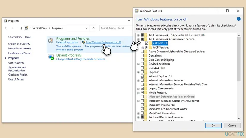 Control Panel Programs page with the Turn Windows features on or off link, and the Windows Features window with .NET Framework 3.5 and 4.8 Advanced Services