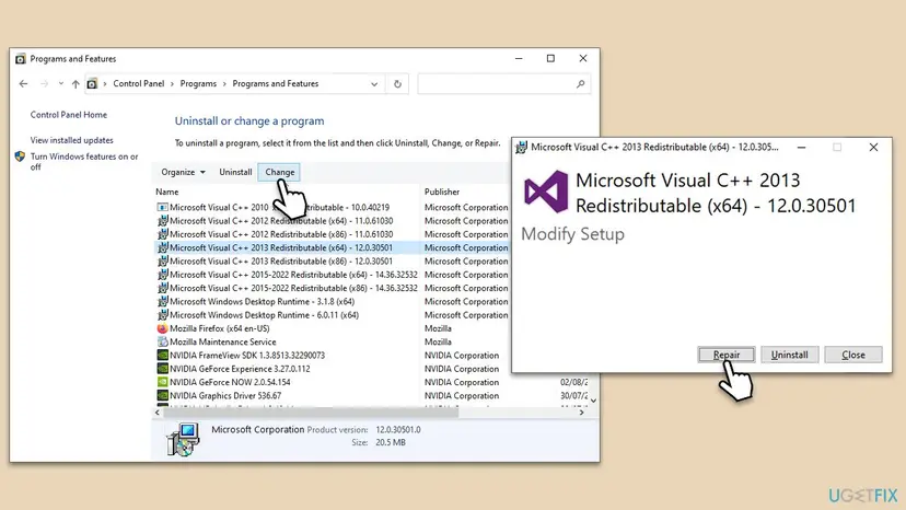 Programs and Features with a Microsoft Visual C++ 2013 Redistributable selected and its Modify Setup window with the Repair button