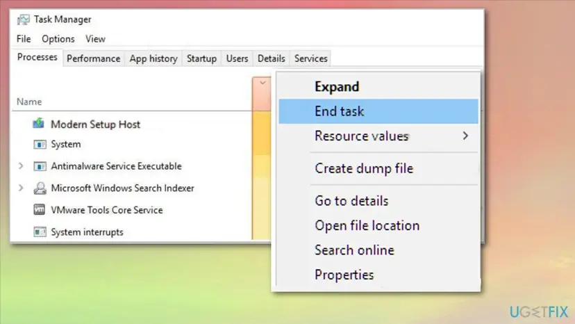 Task Manager with a right-click menu open on Modern Setup Host and End task selected