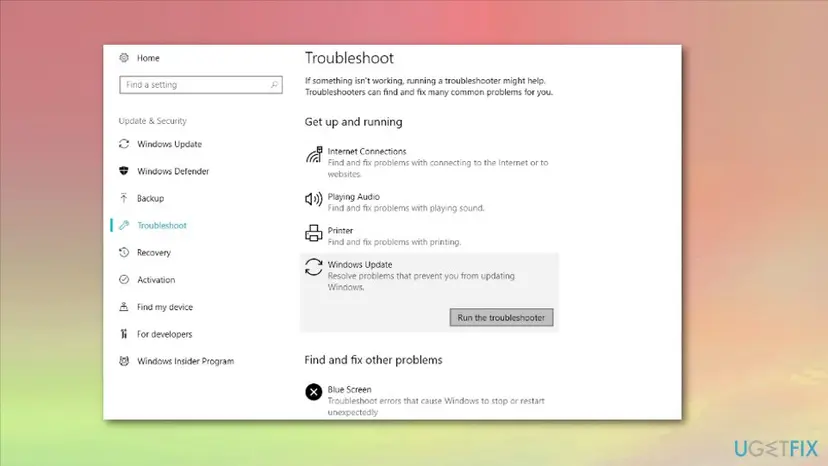 Windows 10 Settings, Troubleshoot page with the Windows Update troubleshooter selected and the Run the troubleshooter button below it