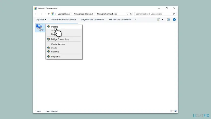 Network Connections window in Control Panel with a network adapter right-clicked and the Disable option at the top of the menu