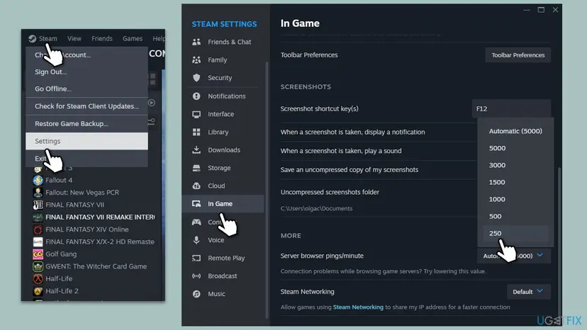 Steam menu with Settings selected next to Steam Settings, In Game page, where Server browser pings per minute is being changed from Automatic 5000 to 250
