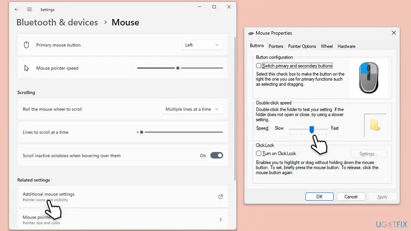 Windows 11 Mouse settings and the Mouse Properties window with the Double-click speed slider on the Buttons tab