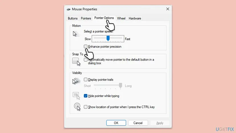 Mouse Properties window on the Pointer Options tab in Windows 11 with the Enhance pointer precision box