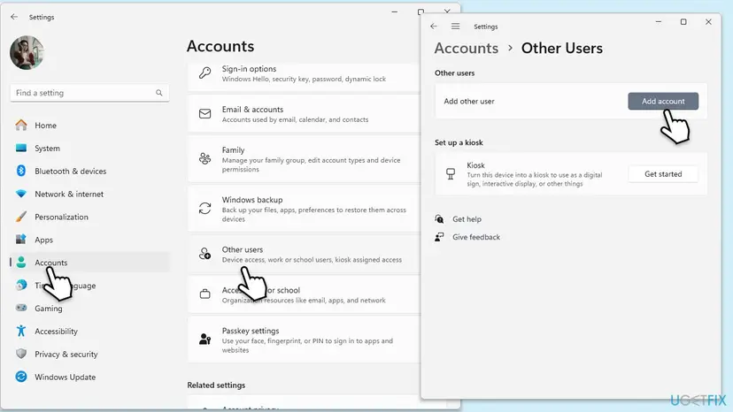 Windows 11 Settings at Accounts and the Other users page with the Add account button next to Add other user