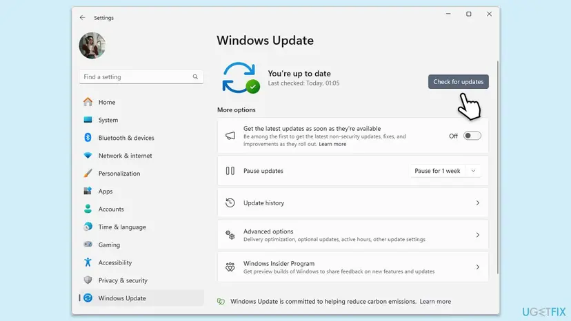 Windows 11 Settings at Windows Update showing You're up to date and the Check for updates button