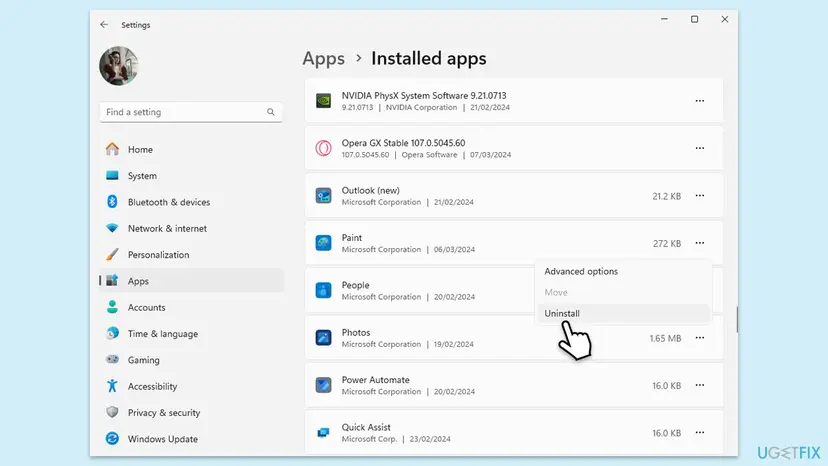 Windows 11 Settings at Apps, Installed apps with the three dots menu of Paint open and Uninstall selected