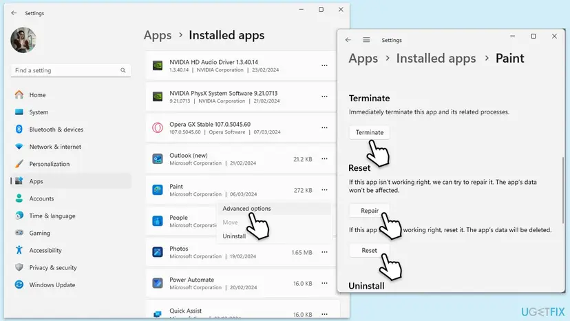 Windows 11 Settings at Apps, Installed apps, Paint with the Advanced options menu and the Terminate, Repair and Reset buttons