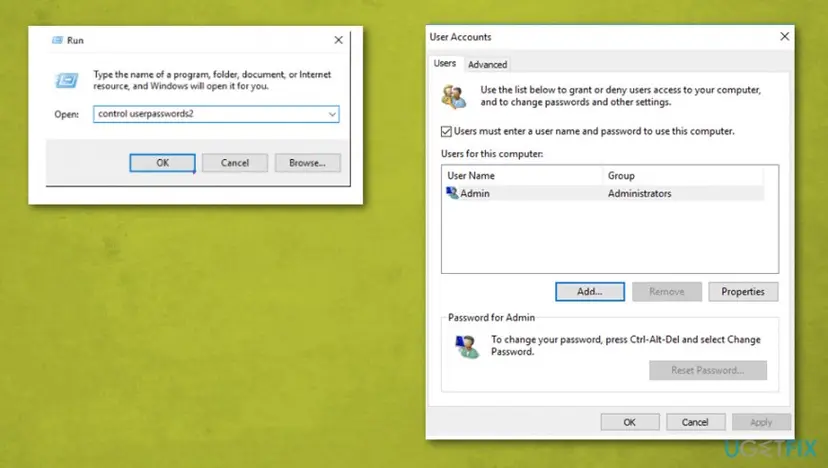 Run box with control userpasswords2 typed in, and the User Accounts window with the Add button below the list of users