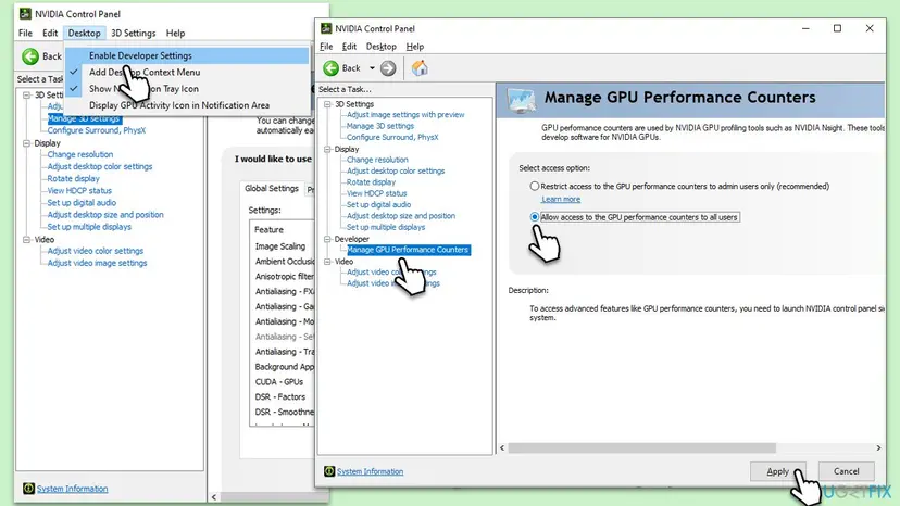 NVIDIA Control Panel with Desktop > Enable Developer Settings selected and the Manage GPU Performance Counters page set to Allow access to all users