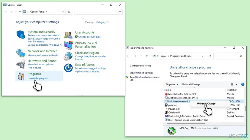 Control Panel Programs and Features with MSI Afterburner 4.6.4 selected and the Uninstall/Change command shown