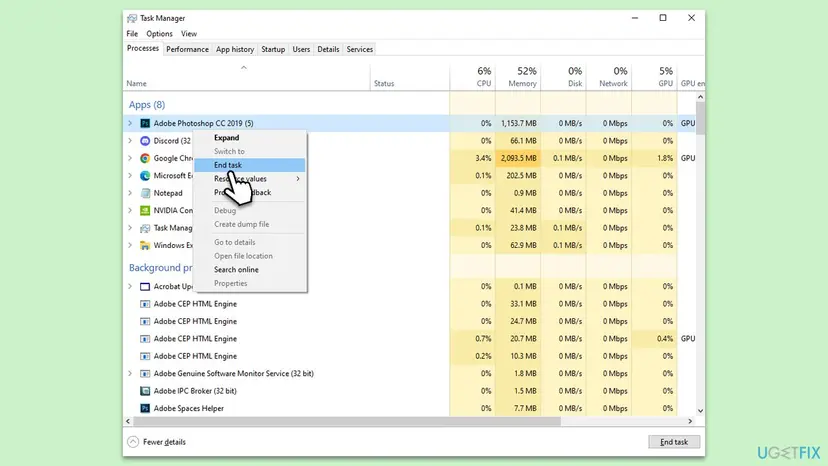 Task Manager on the Processes tab with the right-click menu of a running app open and End task highlighted
