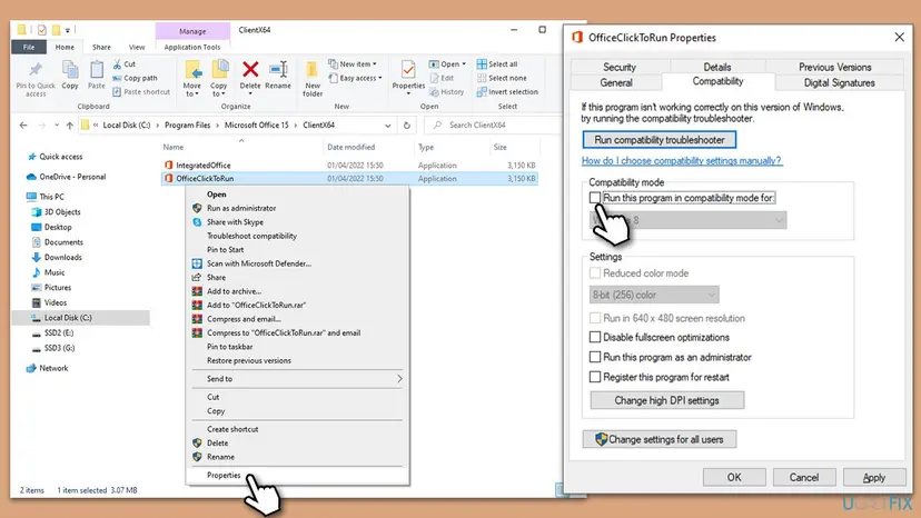 File Explorer with an Office program right-clicked on Properties and its Compatibility tab with the box Run this program in compatibility mode for being cleared