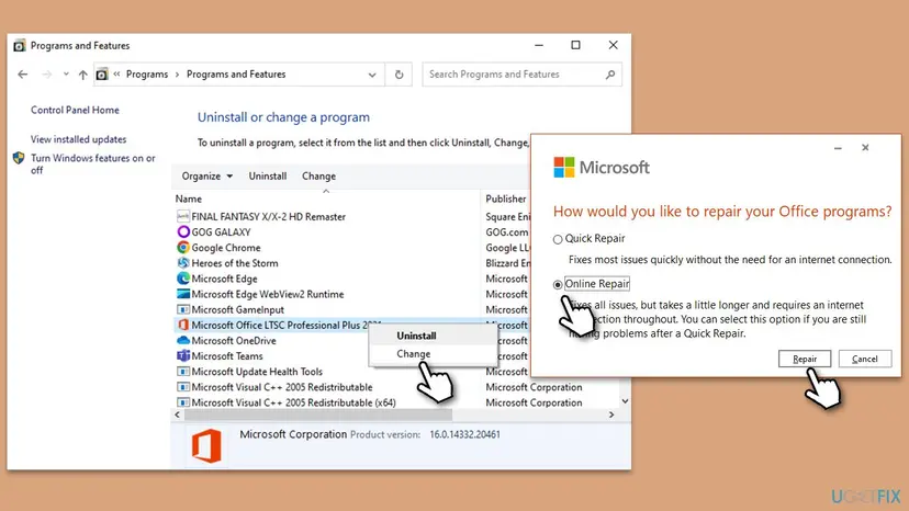 Programs and Features with Microsoft Office LTSC Professional Plus 2021 right-clicked on Change and the window How would you like to repair your Office programs with Online Repair selected