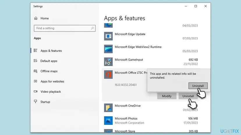 Settings Apps and features with the Microsoft Office LTSC entry selected and the This app and its related info will be uninstalled confirmation with the Uninstall button