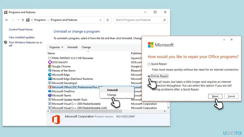 Programs and Features with Change selected on Microsoft Office LTSC Professional Plus, next to the How would you like to repair your Office programs window with Online Repair selected