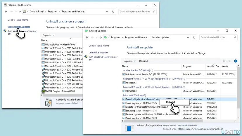 Control Panel Installed Updates list with a Security Update for Microsoft Windows selected and the Uninstall option shown