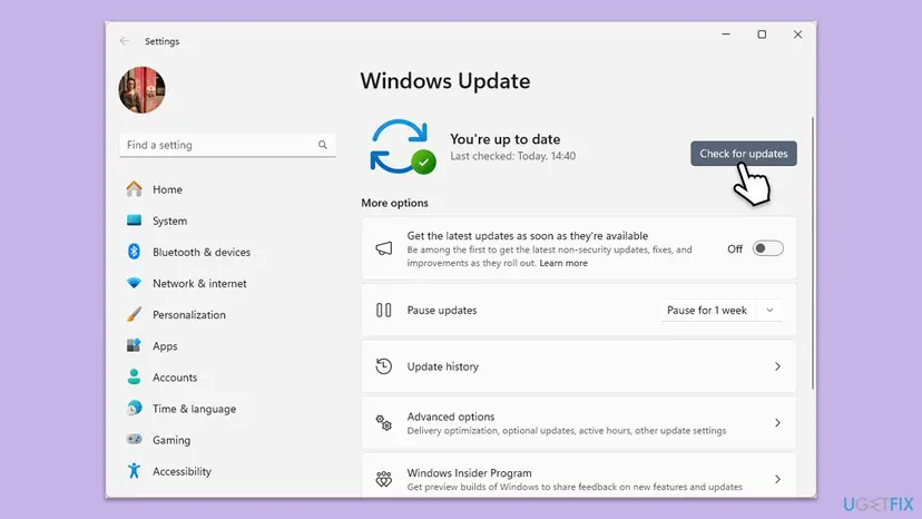 Windows Settings, Windows Update page with the Check for updates button and the list of available updates