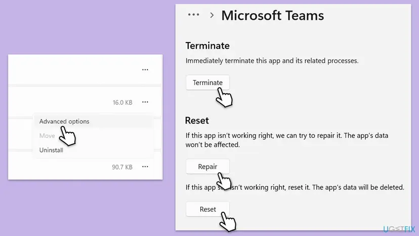 Windows 11 Settings page for Microsoft Teams with the Advanced options menu, the Terminate button and the Repair and Reset buttons