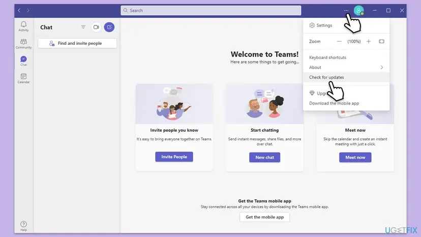Microsoft Teams window with the Settings and more menu open and the Check for updates entry selected