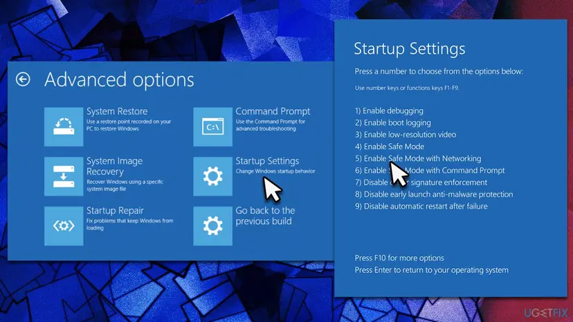 Windows recovery Advanced options screen with System Restore, Startup Repair and Command Prompt tiles, next to the Startup Settings list