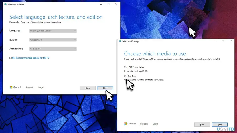 Windows 10 Media Creation Tool windows: Select language, architecture and edition with English (United States), and Choose which media to use with ISO file selected