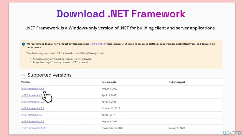 Microsoft's Download .NET Framework page with the list of supported versions and .NET Framework 4.8.1 at the top