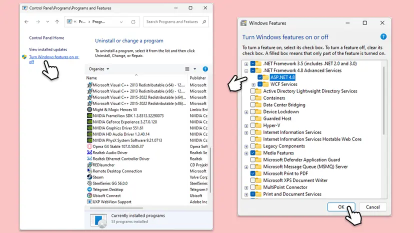 Programs and Features with the Turn Windows features on or off link, and the Windows Features window with .NET Framework 4.8 Advanced Services and ASP.NET 4.8 expanded