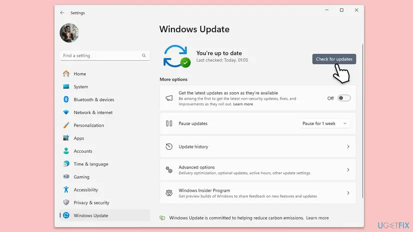 Windows 11 Settings on the Windows Update page with the Check for updates button and You're up to date status