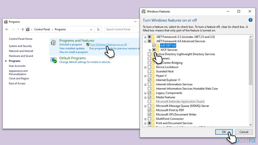 Control Panel Programs page with the Turn Windows features on or off link, and the Windows Features window with .NET Framework 3.5 and Hyper-V in the list