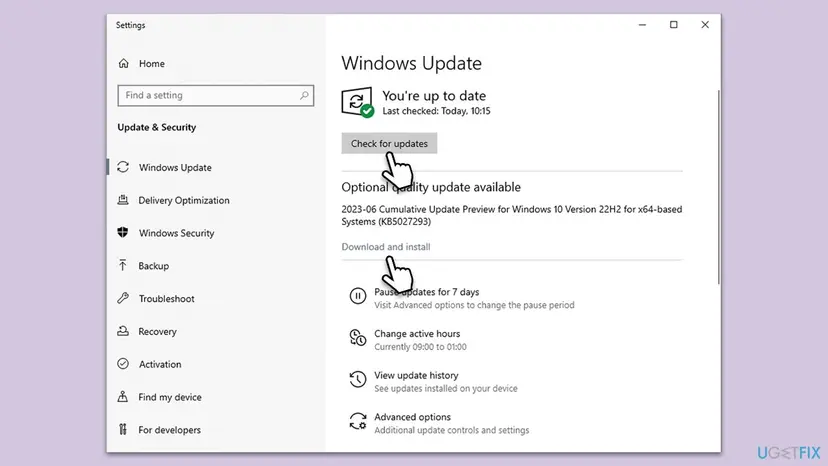 Windows 10 Settings on the Windows Update page with the Check for updates button and an optional cumulative update with Download and install