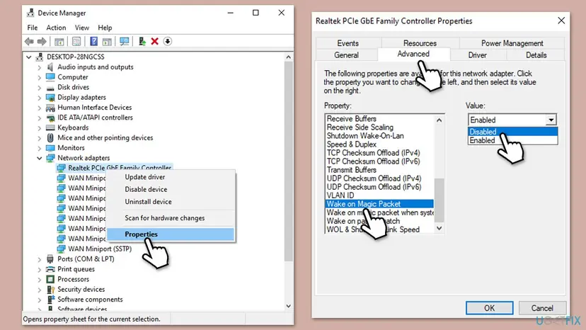 Device Manager with a Realtek PCIe GbE Family Controller selected, and its Advanced tab where Wake on Magic Packet is set to Disabled