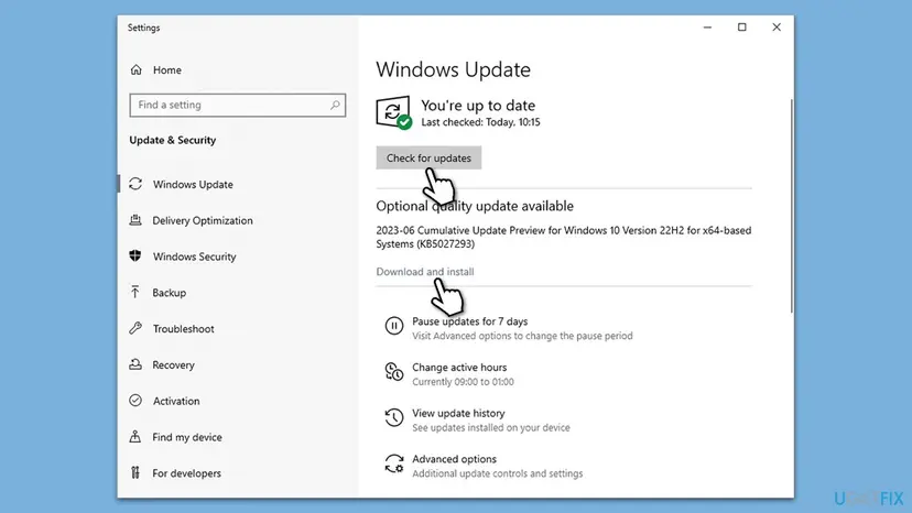 Windows 10 Settings on the Windows Update page with the Check for updates button and an optional cumulative update offered with Download and install