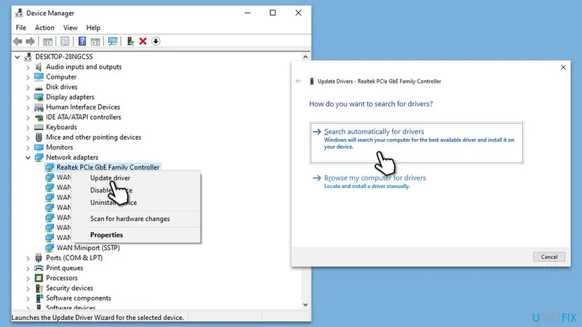 Device Manager on Windows 10 with Network adapters expanded, a Realtek PCIe GbE Family Controller and several WAN Miniport entries, and the right-click menu open