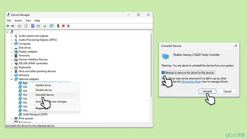 Device Manager in Windows 11 with Network adapters expanded, Uninstall device chosen in the context menu, and the Uninstall Device dialog with Attempt to remove the driver for this device ticked
