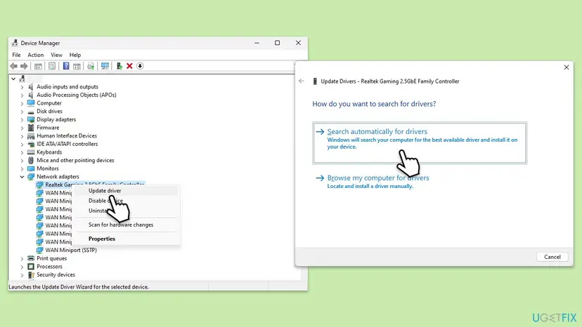 Device Manager in Windows 11 with Update driver chosen on a network adapter and the Update Drivers window offering Search automatically for drivers and Browse my computer for drivers