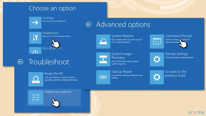Windows recovery screens Choose an option, Troubleshoot and Advanced options with the Command Prompt tile selected