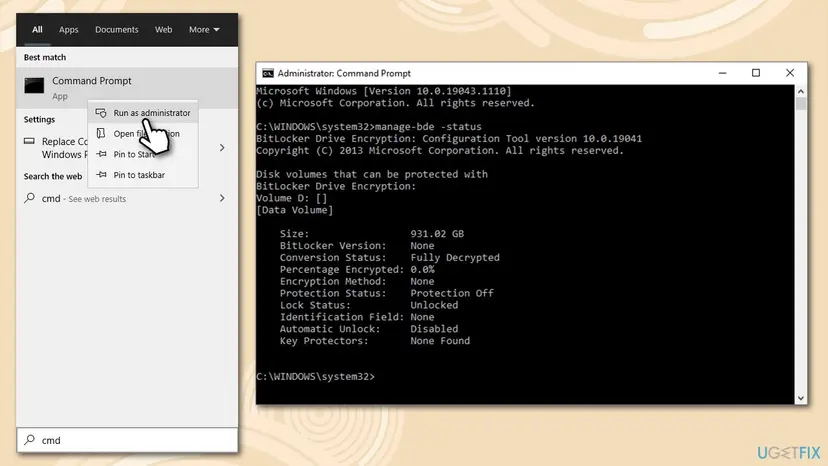 Command Prompt opened as administrator showing manage-bde -status output with Protection Off and Fully Decrypted for a drive