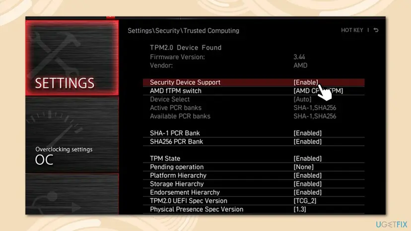 MSI BIOS Settings, Security, Trusted Computing page with Security Device Support enabled and AMD fTPM switch set to AMD CPU fTPM