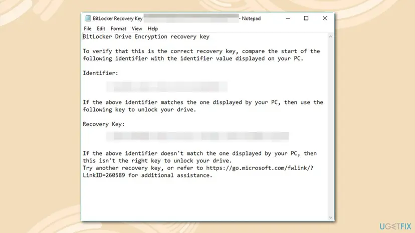 Notepad window showing a saved BitLocker Recovery Key text file with the identifier and the recovery key fields blurred
