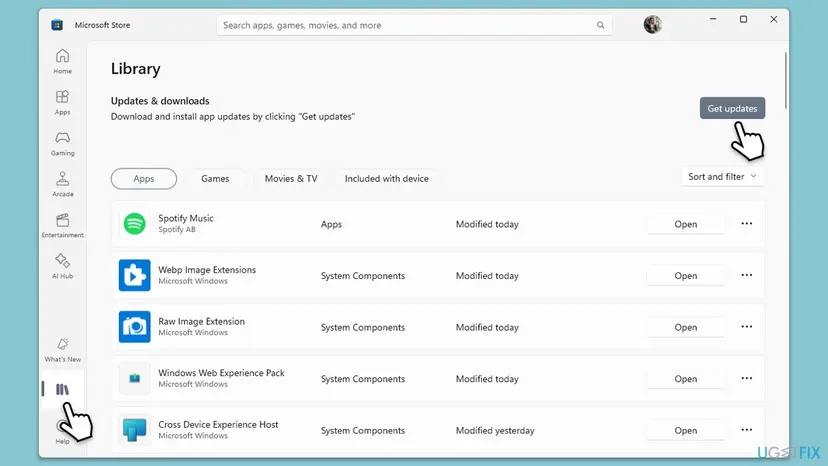 Microsoft Store Library page titled Updates and downloads with the Get updates button marked and a list of installed apps with Open buttons